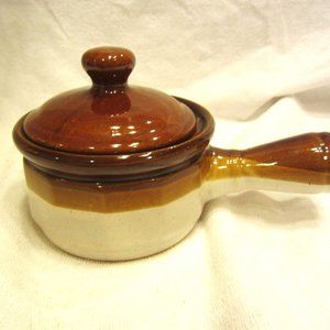 VTG STONEWARE SOUP CROCK W/LID TRADITIONAL COLORS BROWN AND TANS